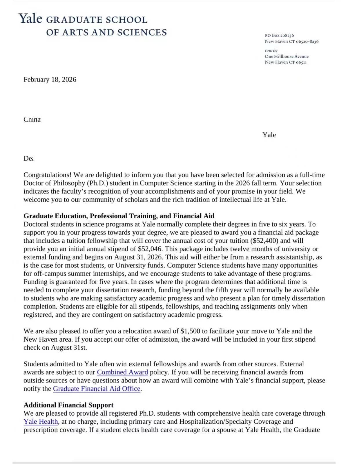 耶鲁大学Offer